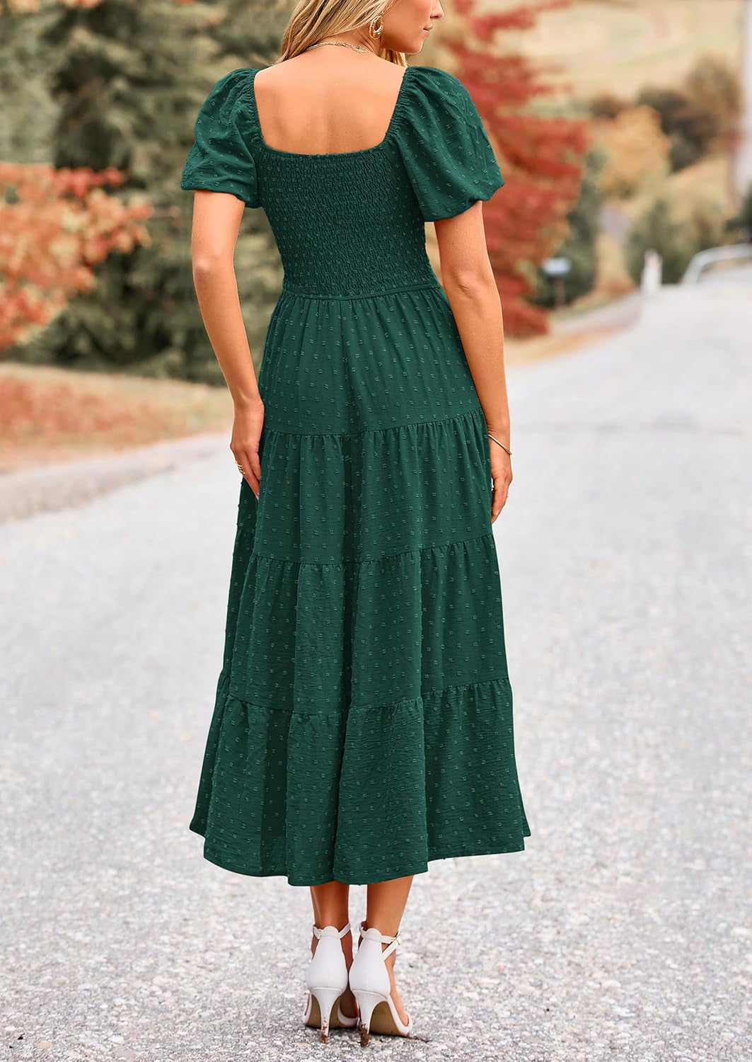 Women'S Summer Casual Midi Dress Puff Sleeve Swiss Dot Long Flowy a Line Dresses