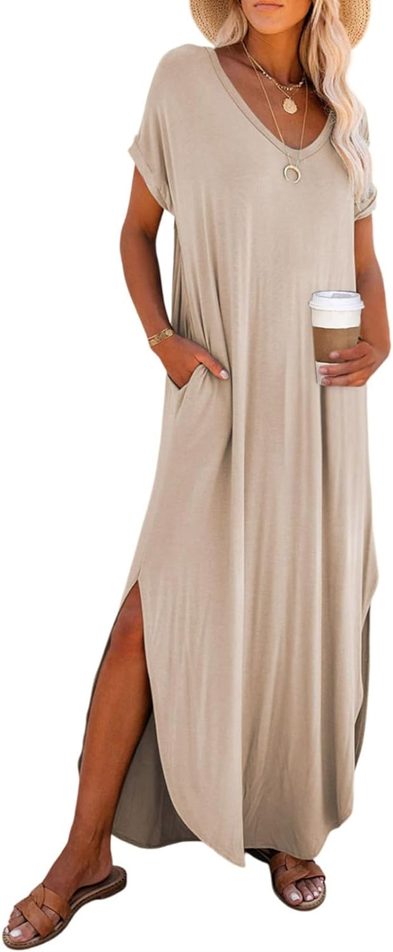 Womens Summer Fashion Long Dress Short Sleeve Casual Loose Split Maxi Beach Dresses with Pockets