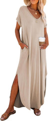 Womens Summer Fashion Long Dress Short Sleeve Casual Loose Split Maxi Beach Dresses with Pockets