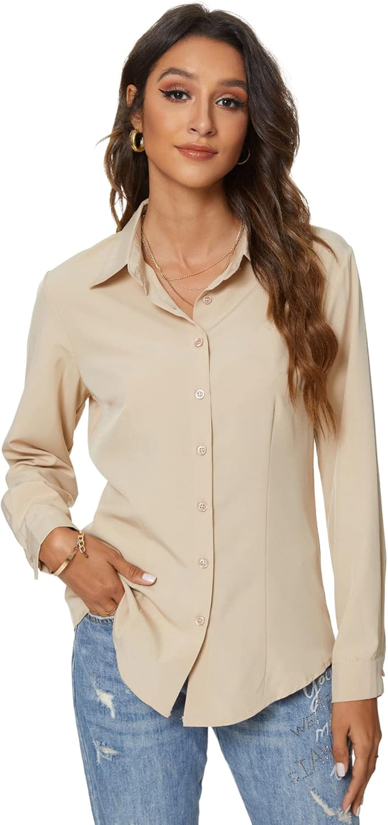 Womens Long Sleeve Button down Shirts Simple Work Blouse Stretch Formal Casual Dress Shirt