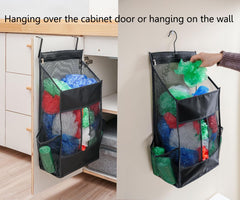 Hanging Plastic Grocery Bag Holder and Dispenser,Mesh over the Cabinet Door Organizer with Easy-Access Openings for Kitchen Towel,Bras,Laundry,Installation Free(Black, 21.7"H * 11.8"W * 5.9"D)