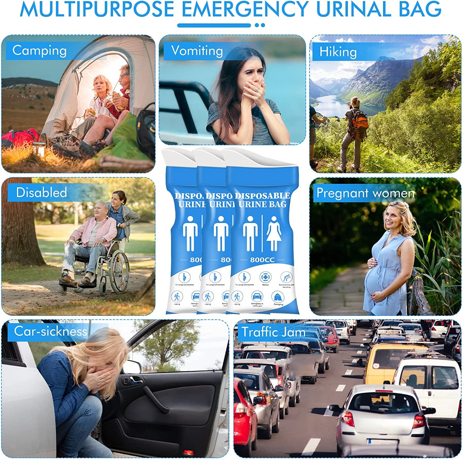 Disposable Urine Bag, 12/24 PCS Pee Bags for Travel for Women/Men, 800ML Emergency Portable Urinal Bag and Vomit Bags, Unisex Urinal Bag for Camping, Traffic Jams, Pregnant, Patient, Kids