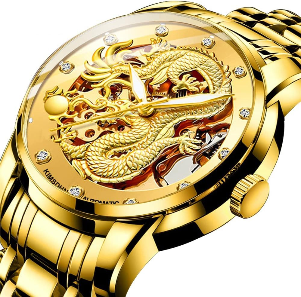 Men Boy Luxury Gold Dragon Carved Dial Diamond Automatic Skeleton Mechanical Watch Casual Waterproof Sport Wristwatch