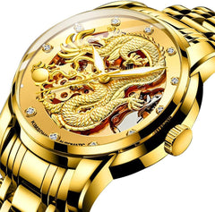 Men Boy Luxury Gold Dragon Carved Dial Diamond Automatic Skeleton Mechanical Watch Casual Waterproof Sport Wristwatch