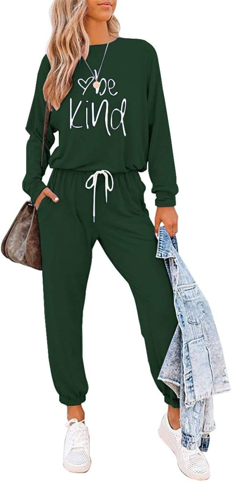 Women'S Two Piece Outfit Long Sleeve Crewneck Pullover Tops and Long Pants Tracksuit, Patterned-Dark Green, Large