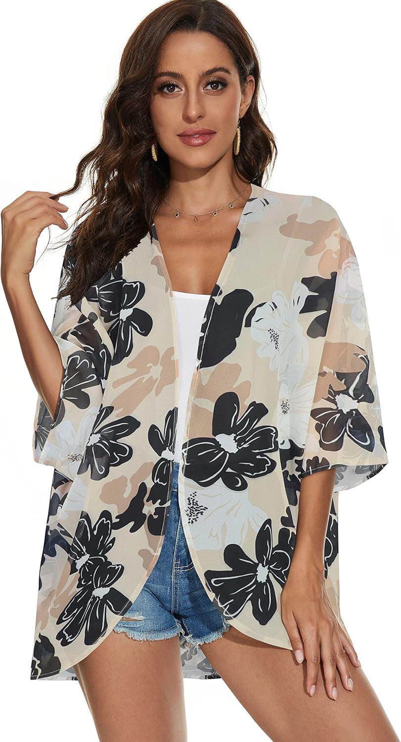 Women'S Floral Print Short Sleeve Shawl Chiffon Kimono Cardigan Casual Blouse