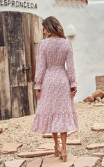 Women'S Casual Long Sleeve Midi Fall Dress Boho Pleated V Neck Ruffled Vintage Floral Print Flowy Long Dresses