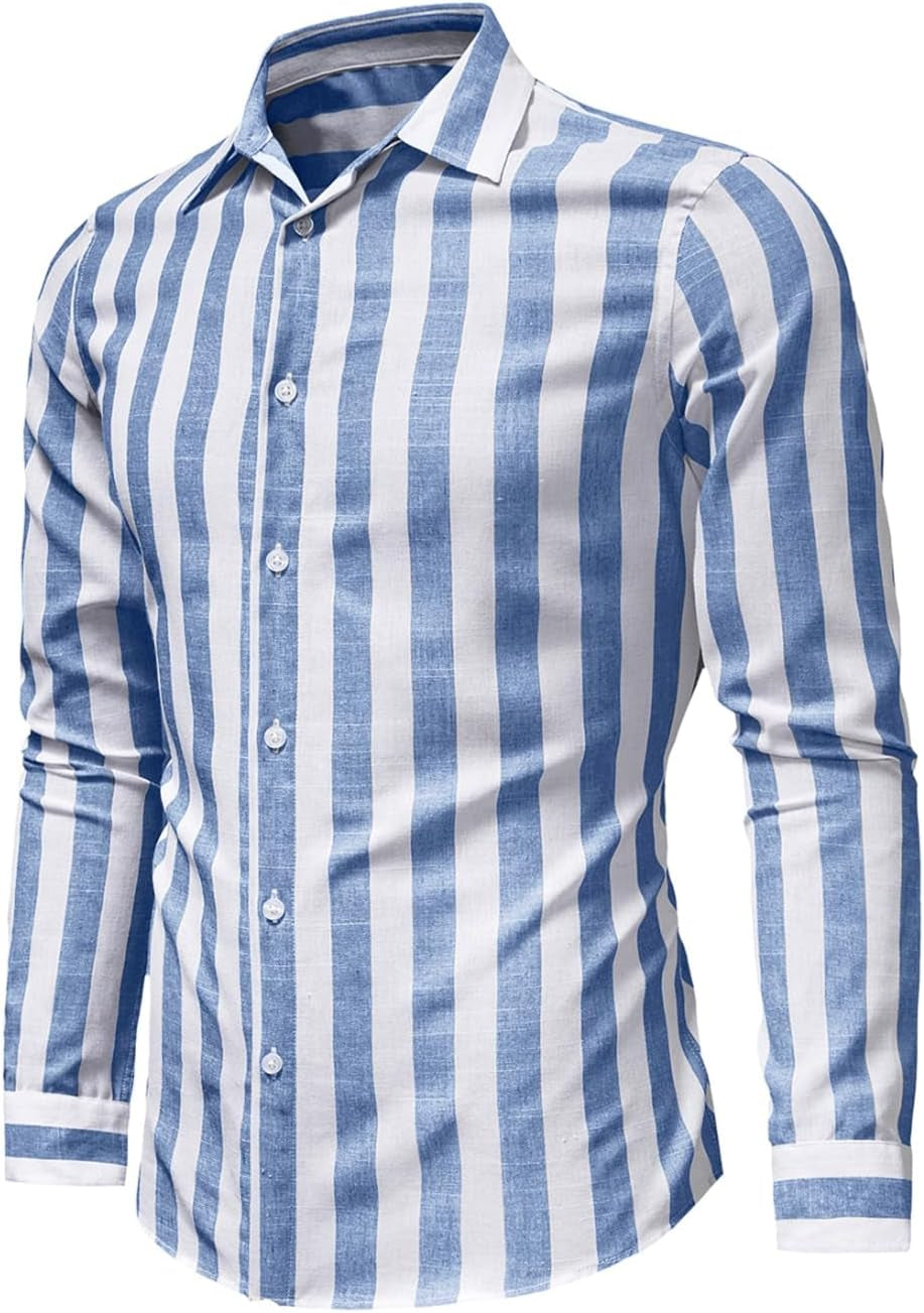 Men'S Linen Shirts Casual Long Sleeve Button-Down Striped Dress Shirt