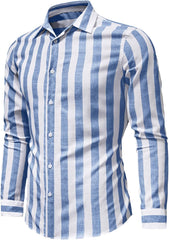 Men'S Linen Shirts Casual Long Sleeve Button-Down Striped Dress Shirt