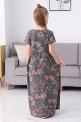 Girl'S Short Sleeve Floral Print Loose Casual Holiday Long Maxi Dress with Pockets 4-12 Years