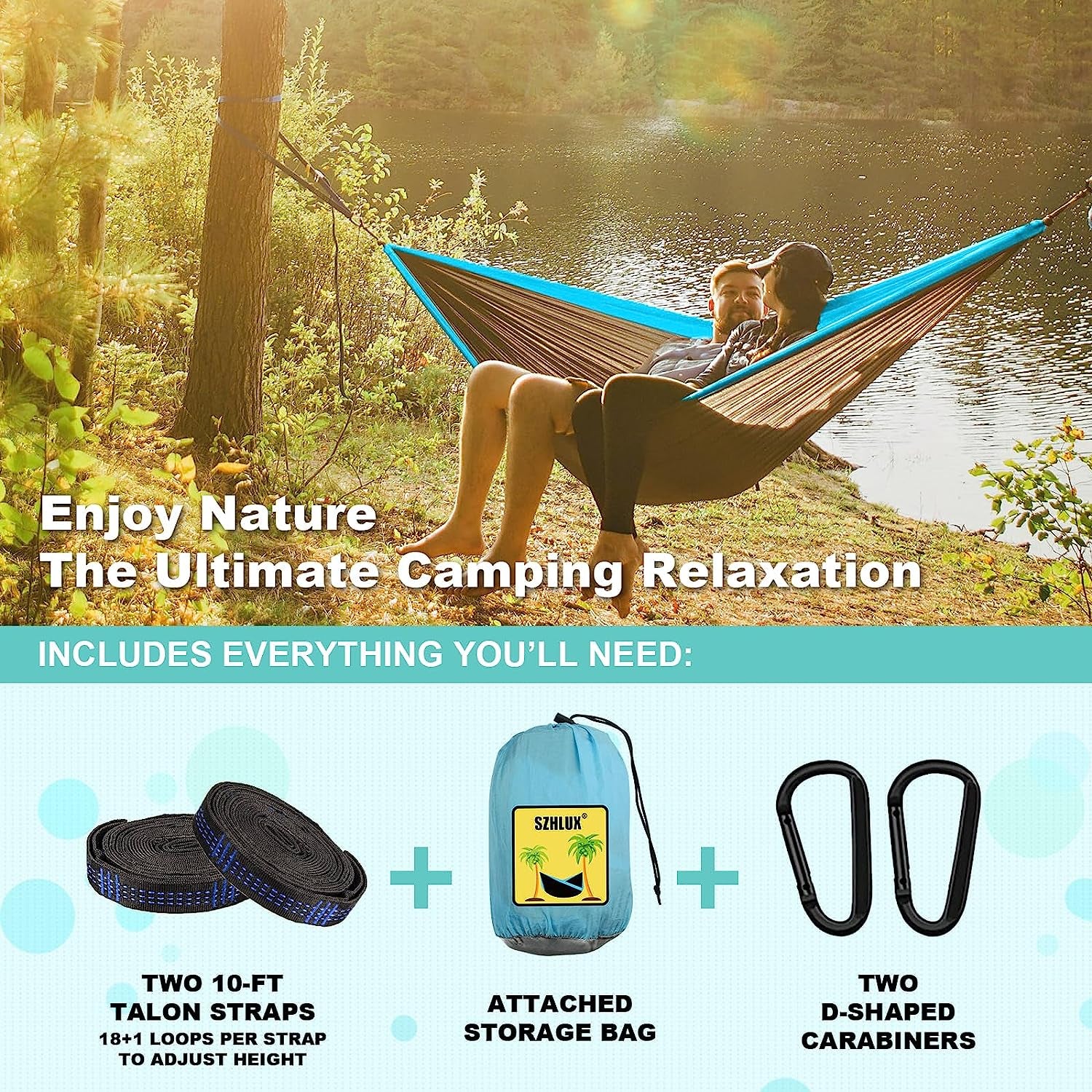 Camping Hammock Double & Single Portable Hammocks with 2 Tree Straps and Attached Carry Bag,Great for Outdoor,Indoor,Beach,Camping,Light Grey / Sky Blue