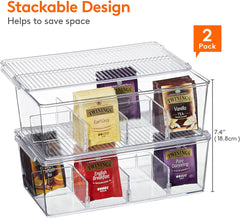 2 Pack Plastic Stackable Tea Bag Organizer, Divided Storage Bin Box for Kitchen Cabinets, Countertops, Pantry, Hold Coffee Pods, Sugar Packets, Condiments, 8 Sections