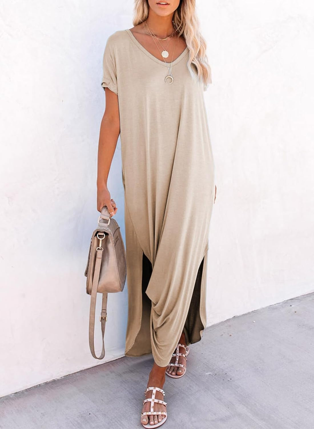 Womens Summer Fashion Long Dress Short Sleeve Casual Loose Split Maxi Beach Dresses with Pockets