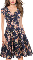 Women'S Vintage V-Neck Cap Sleeve Floral Casual Cocktail Party Swing Dress OX233