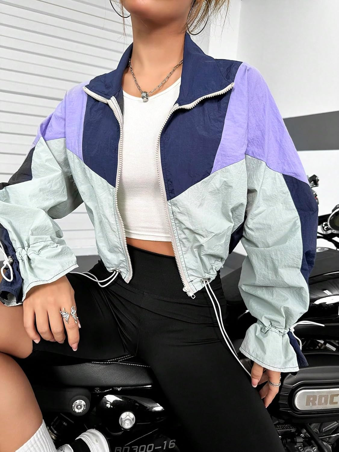 Women'S Colorblock Long Sleeve Drawstring Hem Zipper up Windbreaker Jacket