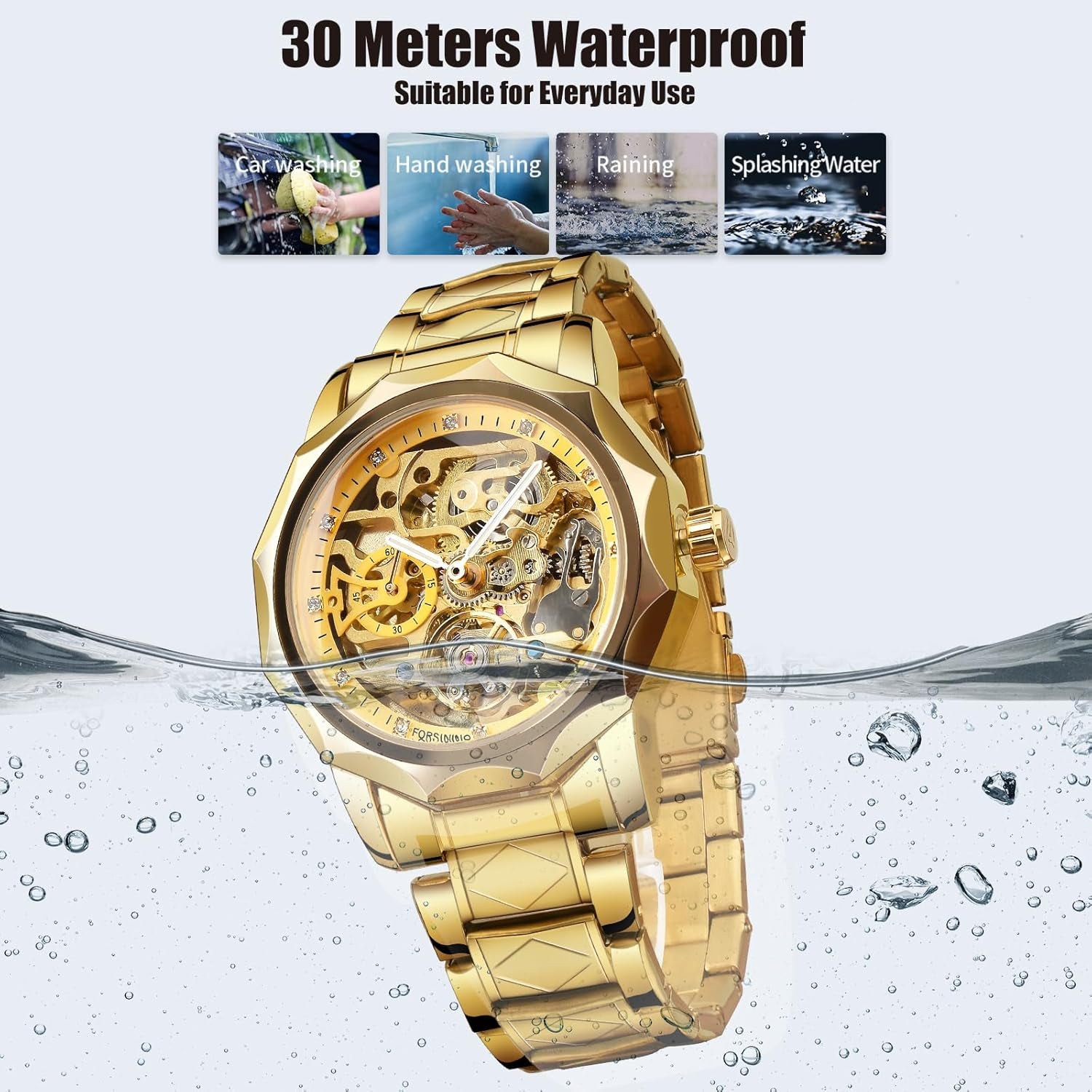 Men'S Skeleton Automatic Tourbillon Watch Self-Wind Hollow Mechanical Watch Tourbillion Rhombus Stainless Steel Wristwatch Gold & Black