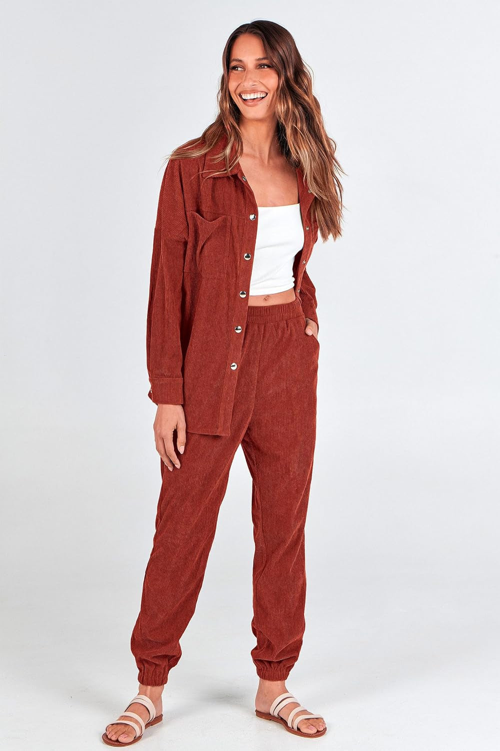 Women'S 2 Piece Outfits Casual Corduroy Long Sleeve Button down Jacket and Pants Tracksuit with Pockets