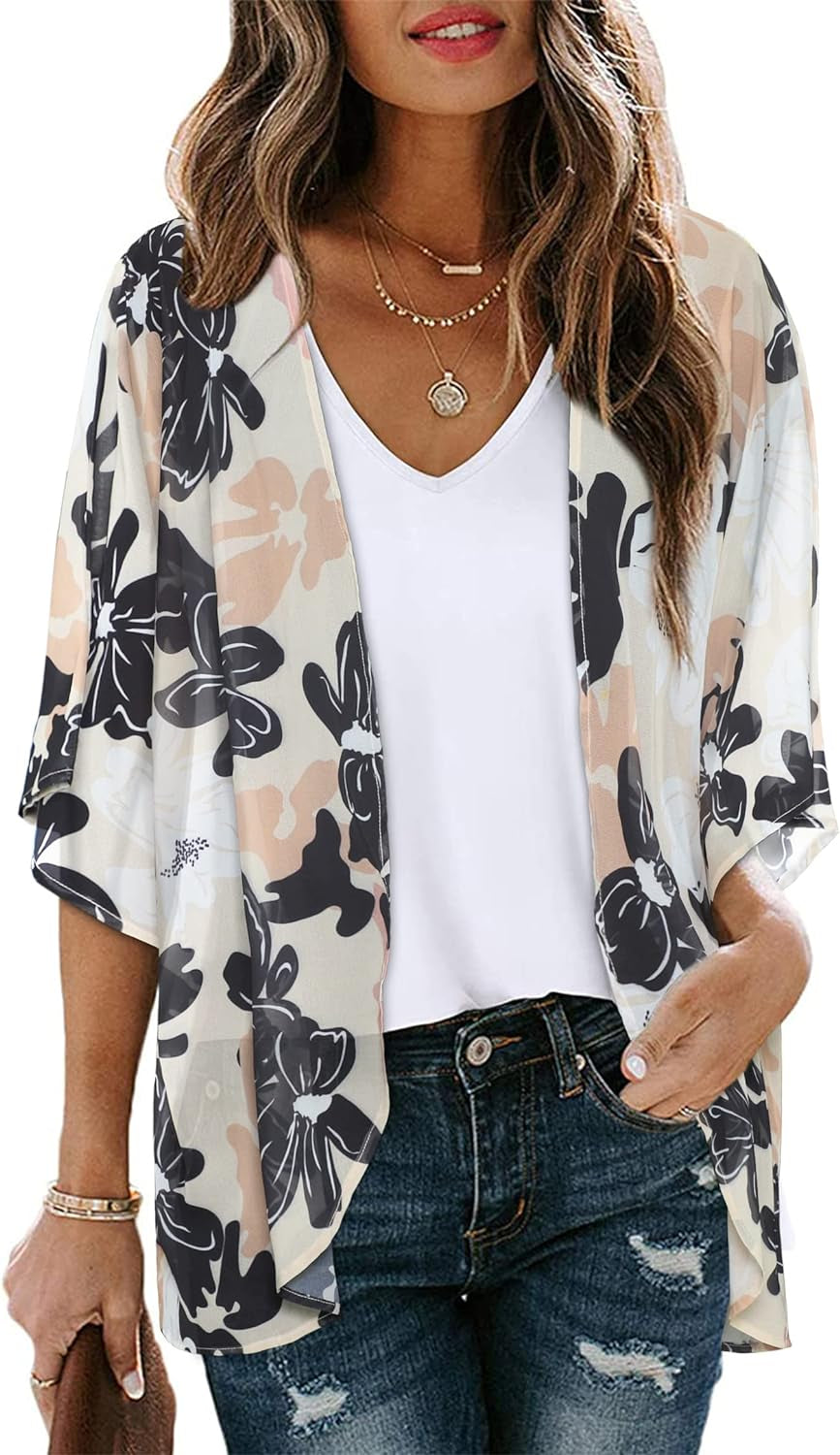 Women'S Floral Print Short Sleeve Shawl Chiffon Kimono Cardigan Casual Blouse