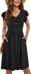 Women Summer Dresses Ruffle Sleeve Casual Loose Swing Button down Elastic Waist Midi Dress