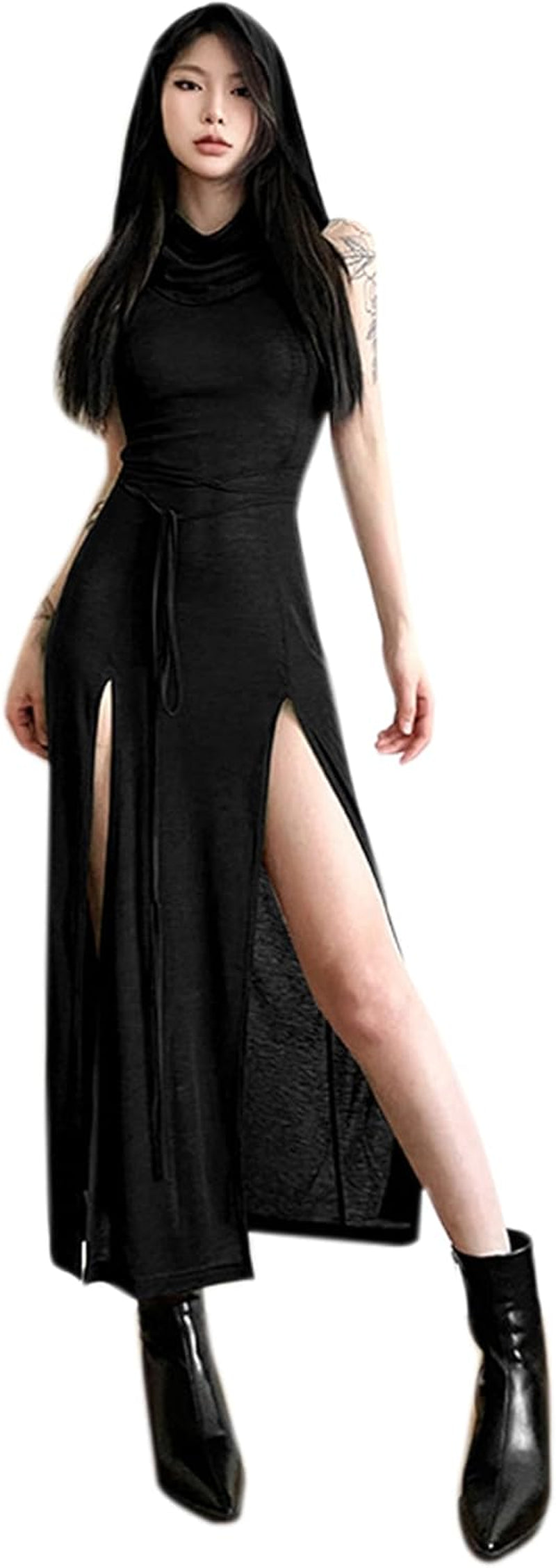 Women'S Gothic Desert Walker Hooded Sleeveless Dress Y2K Punk Side Split Hollow Out Midi Dress Party Club Streetwear