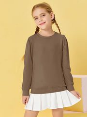 Girls Casual Long Puff Sleeve Sweatshirt Crew Neck Cute Solid Children Tunic Tops Lightweight Sweaters