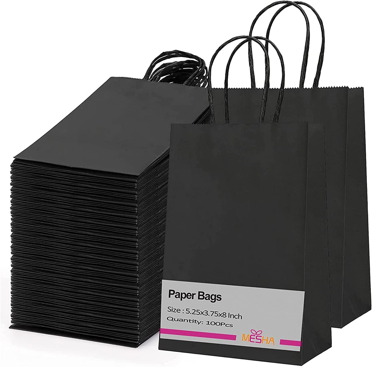 Paper Gift Bags 5.25X3.75X8 Black Small Paper Bags with Handles Bulk,100 Pcs Kraft Paper Bags for Small Business,Wedding Party Favor Bags