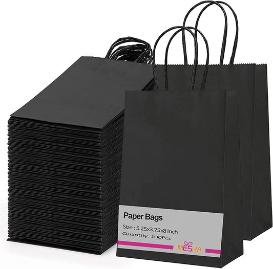 Paper Gift Bags 5.25X3.75X8 Black Small Paper Bags with Handles Bulk,100 Pcs Kraft Paper Bags for Small Business,Wedding Party Favor Bags