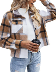 Flannels for Women Cropped Shacket Jacket Fashion Plaid Button down Shirt 2023 Fall Coat Tops