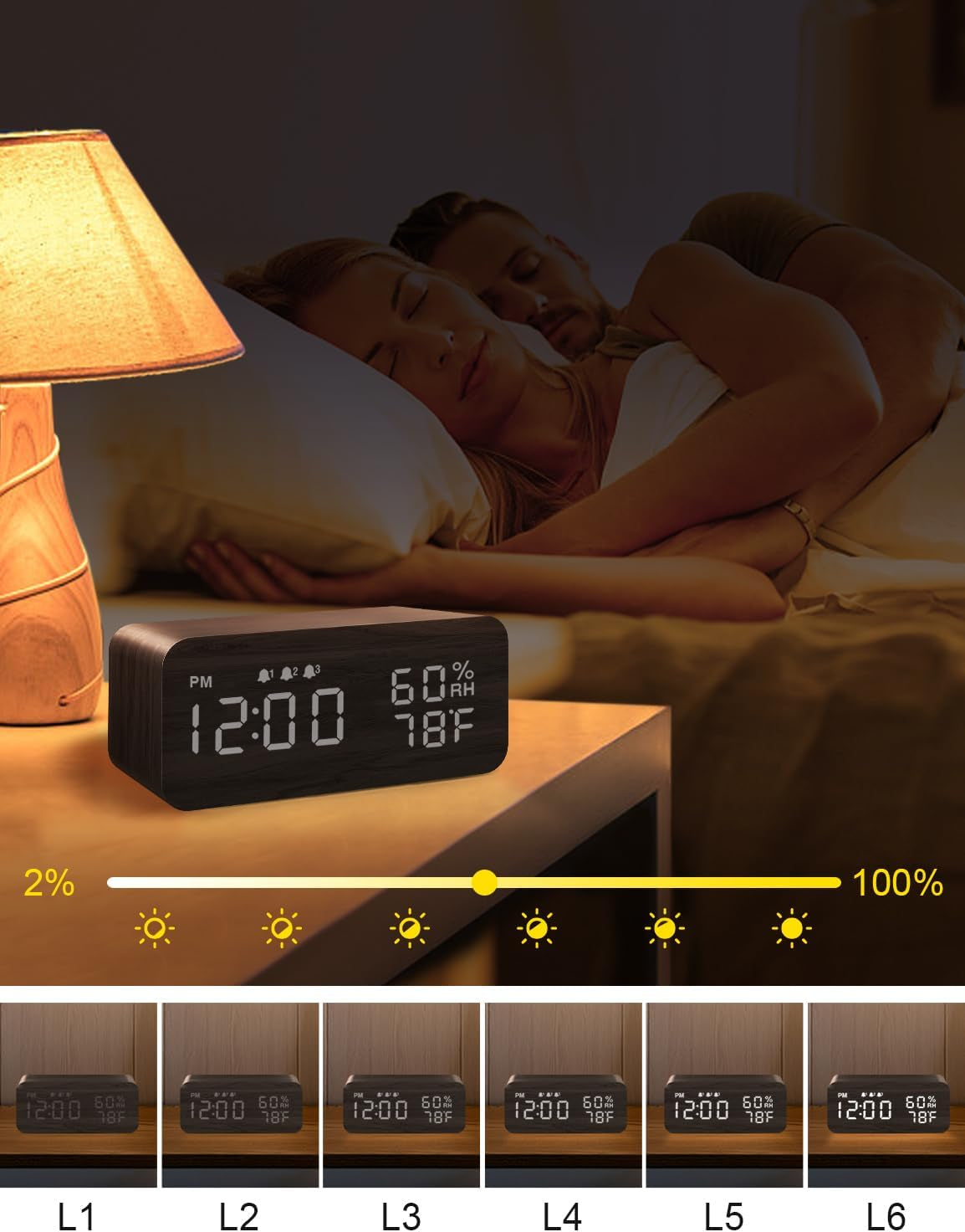 Wooden Digital Alarm Clock with Wireless Charging, Dimmable, Adjustable Volume, 3 Alarms, Weekday/Weekend Mode, Snooze, Digital Clock for Bedroom, Bedside, Office (Black)