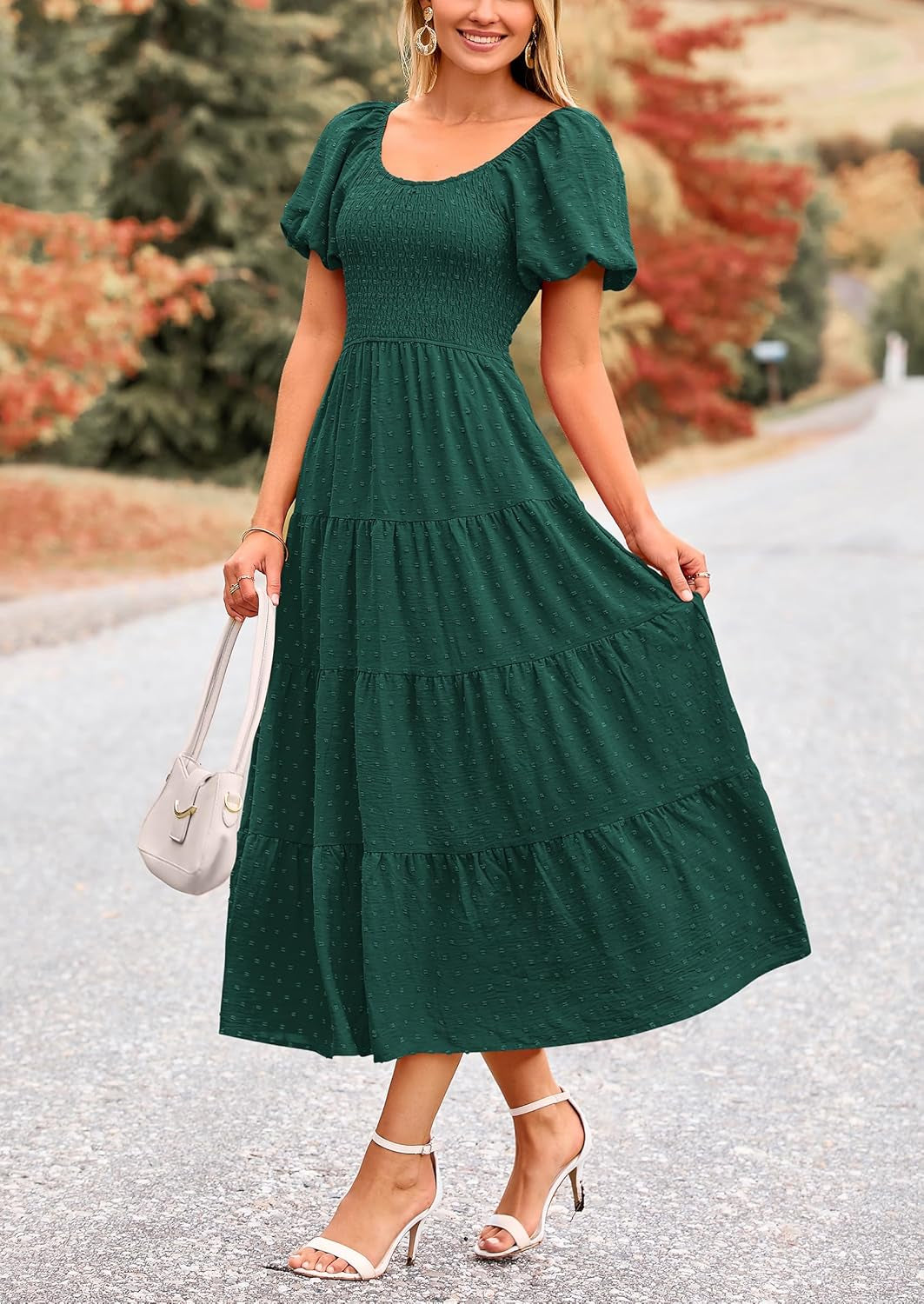 Women'S Summer Casual Midi Dress Puff Sleeve Swiss Dot Long Flowy a Line Dresses