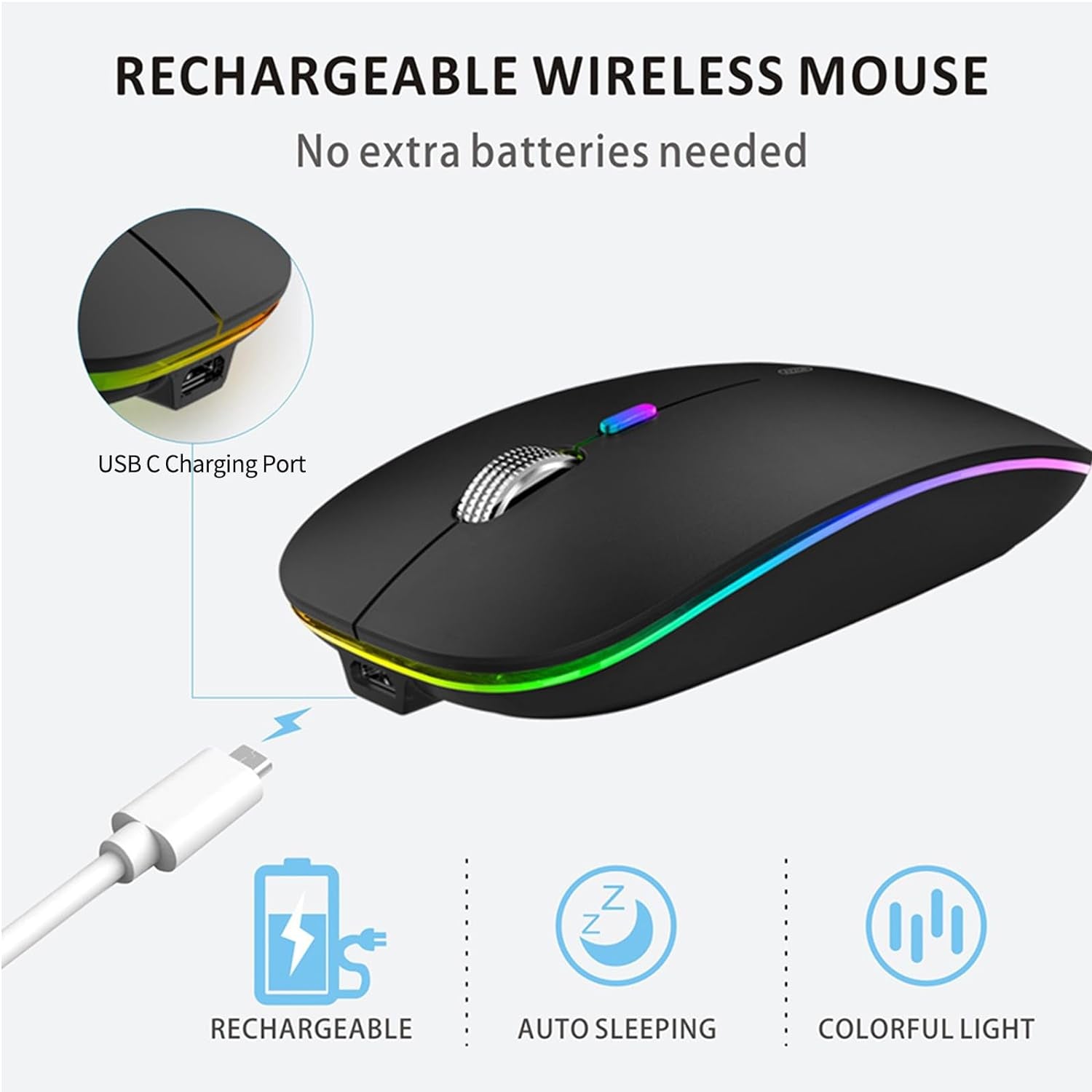 LED Wireless Mouse, G12 Slim Rechargeable Wireless Silent Mouse, 2.4G Portable USB Optical Wireless Computer Mice with USB Receiver and Type C Adapter (Matte Black)