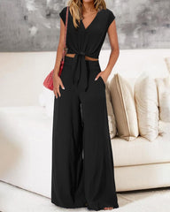 Women'S Summer 2 Piece Outfits 2024 Cap Sleeve V Neck Belted Crop Tops Wide Leg Pant Sets Casual Tracksuit