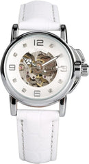 Luxury Women Automatic Watch Ladies White Leather Waterproof Automatic Mechanical Skeleton Watch