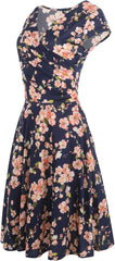 Women'S Vintage V-Neck Cap Sleeve Floral Casual Cocktail Party Swing Dress OX233