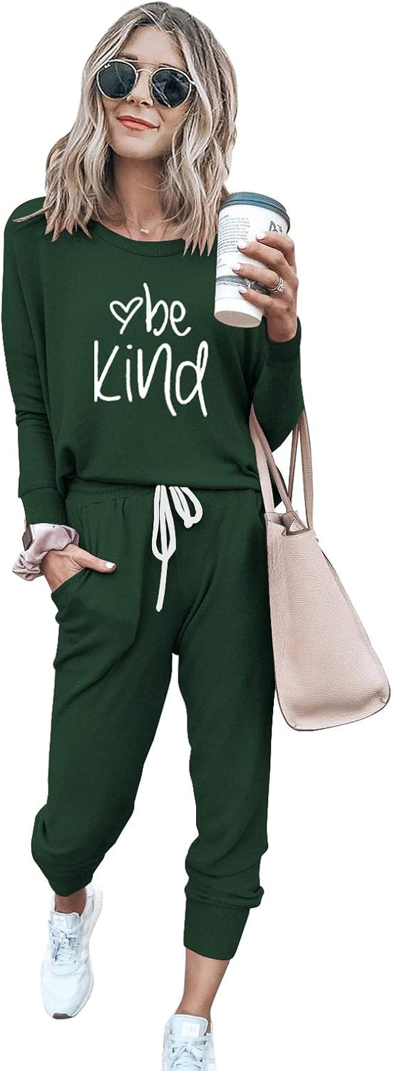 Women'S Two Piece Outfit Long Sleeve Crewneck Pullover Tops and Long Pants Tracksuit, Patterned-Dark Green, Large