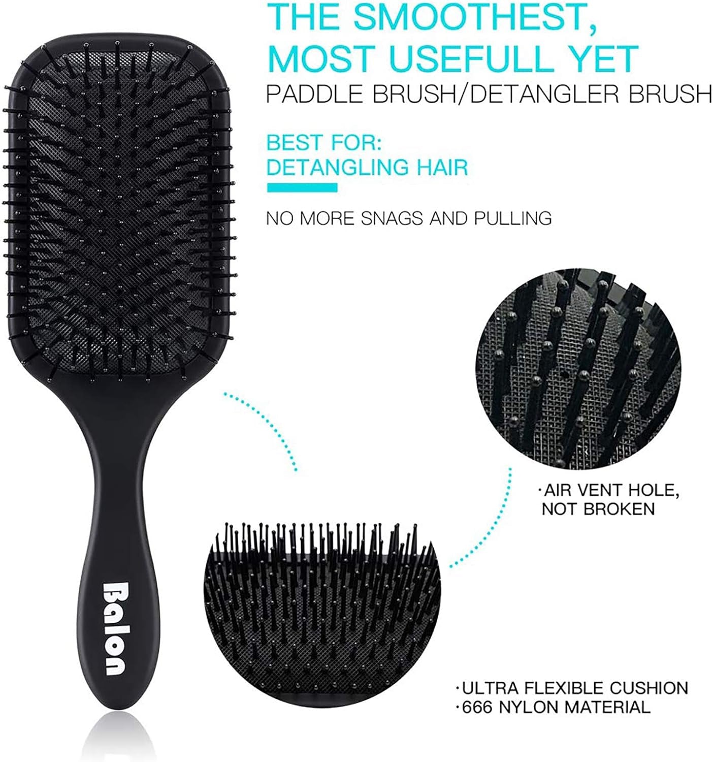 (Black) - 4Pcs Paddle Hair Brush, Detangling Brush and Hair Comb Set for Men and Women, Great on Wet or Dry Hair, No More Tangle Hairbrush for Long Thick Thin Curly Natural Hair (Black)