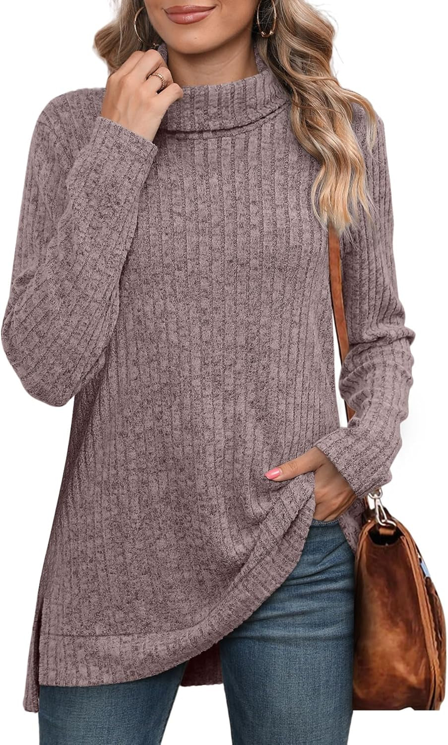 Womens Tunic Tops Turtleneck Long Sleeve Side Split High Low Lightweight Sweaters