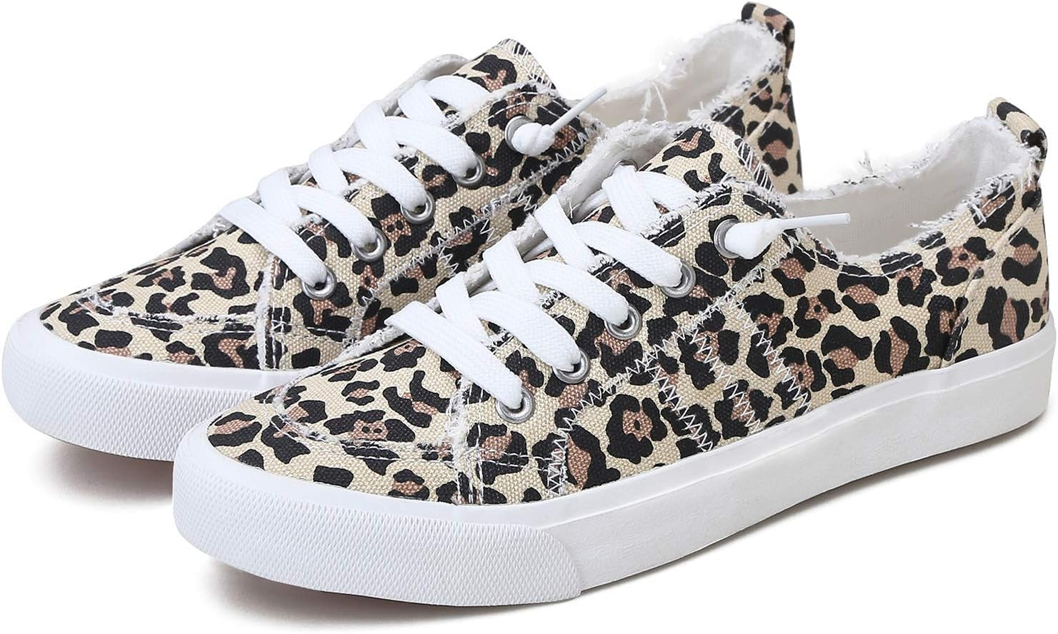 Women'S Play Fashion Sneaker White Color Washed and Leopard Canvas Slip on Shoes