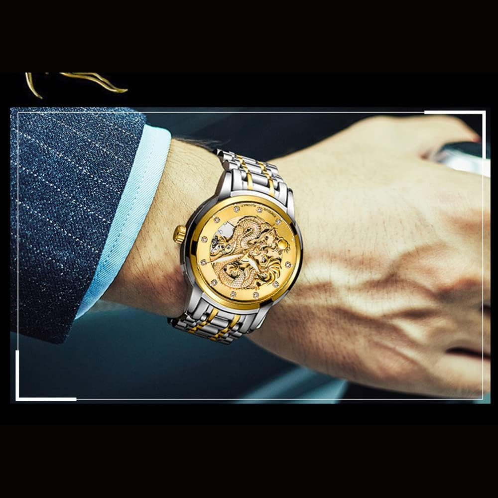 Men Boy Luxury Gold Dragon Carved Dial Diamond Automatic Skeleton Mechanical Watch Casual Waterproof Sport Wristwatch