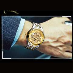 Men Boy Luxury Gold Dragon Carved Dial Diamond Automatic Skeleton Mechanical Watch Casual Waterproof Sport Wristwatch