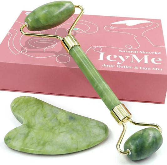 Jade Roller & Gua Sha, Face Roller, Facial Beauty Roller Skin Care Tools, Self Care Gift for Men Women, Massager for Face, Eyes, Neck, Relieve Fine Lines and Wrinkles - Green