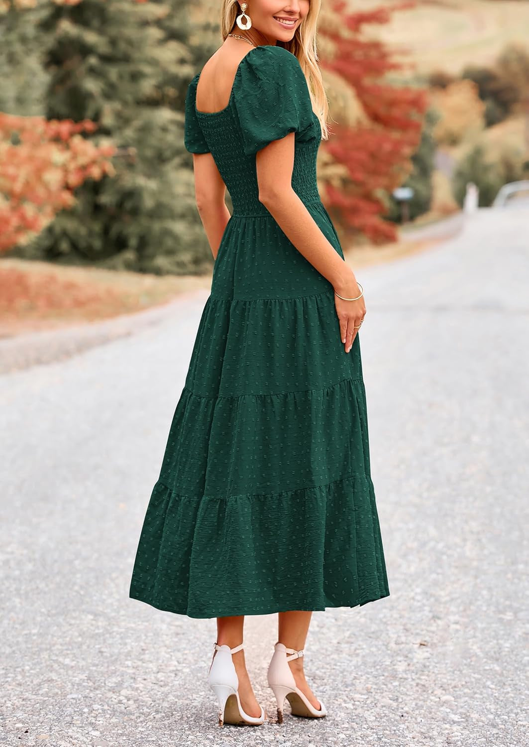 Women'S Summer Casual Midi Dress Puff Sleeve Swiss Dot Long Flowy a Line Dresses