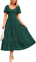 Women'S Summer Casual Midi Dress Puff Sleeve Swiss Dot Long Flowy a Line Dresses