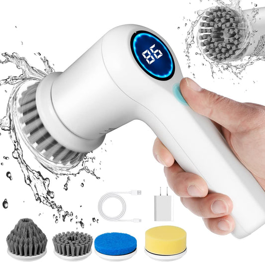 Electric Spin Scrubber, Power Scrubber Cordless Electric Shower Scrubber for Cleaning with LED Display, for Bathroom, Tub, Kitchen Stove, Tile Grout with 4 Brush Heads (White)