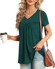 Womens Summer Tops V Neck Short Sleeve Casual Shirt Flowy Tunic Blouse