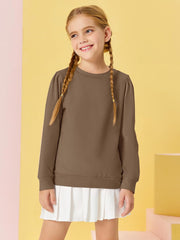 Girls Casual Long Puff Sleeve Sweatshirt Crew Neck Cute Solid Children Tunic Tops Lightweight Sweaters