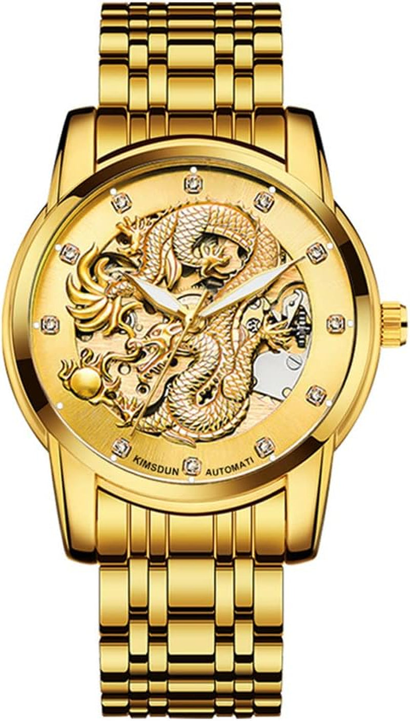 Men Boy Luxury Gold Dragon Carved Dial Diamond Automatic Skeleton Mechanical Watch Casual Waterproof Sport Wristwatch