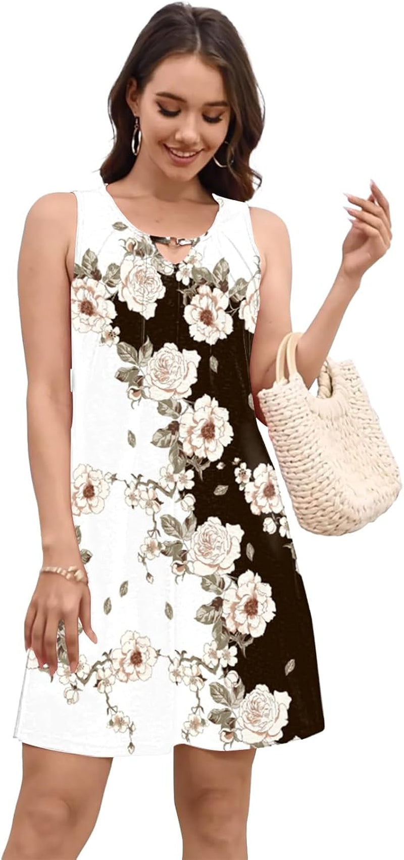 Pleated Front Summer Dresses for Women 2024 Casual Beach Floral Print Sundress Boho Tank Dress