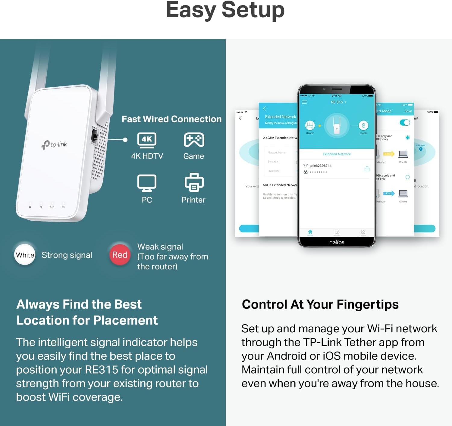 AC1200 Wifi Extender, 2024 Wirecutter Best Wifi Extender, 1.2Gbps Home Signal Booster, Dual Band 5Ghz/2.4Ghz, Covers up to 1500 Sq.Ft and 30 Devices ,Support Onemesh, One Ethernet Port (RE315)