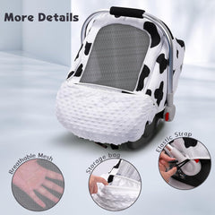 Car Seat Covers for Babies, Minky Dot Baby Car Seat Cover, Universal Infant Carseat Canopy with Breathable Mesh Peep Window & Storage Pocket, Cow Print Stroller Cover for Newborn